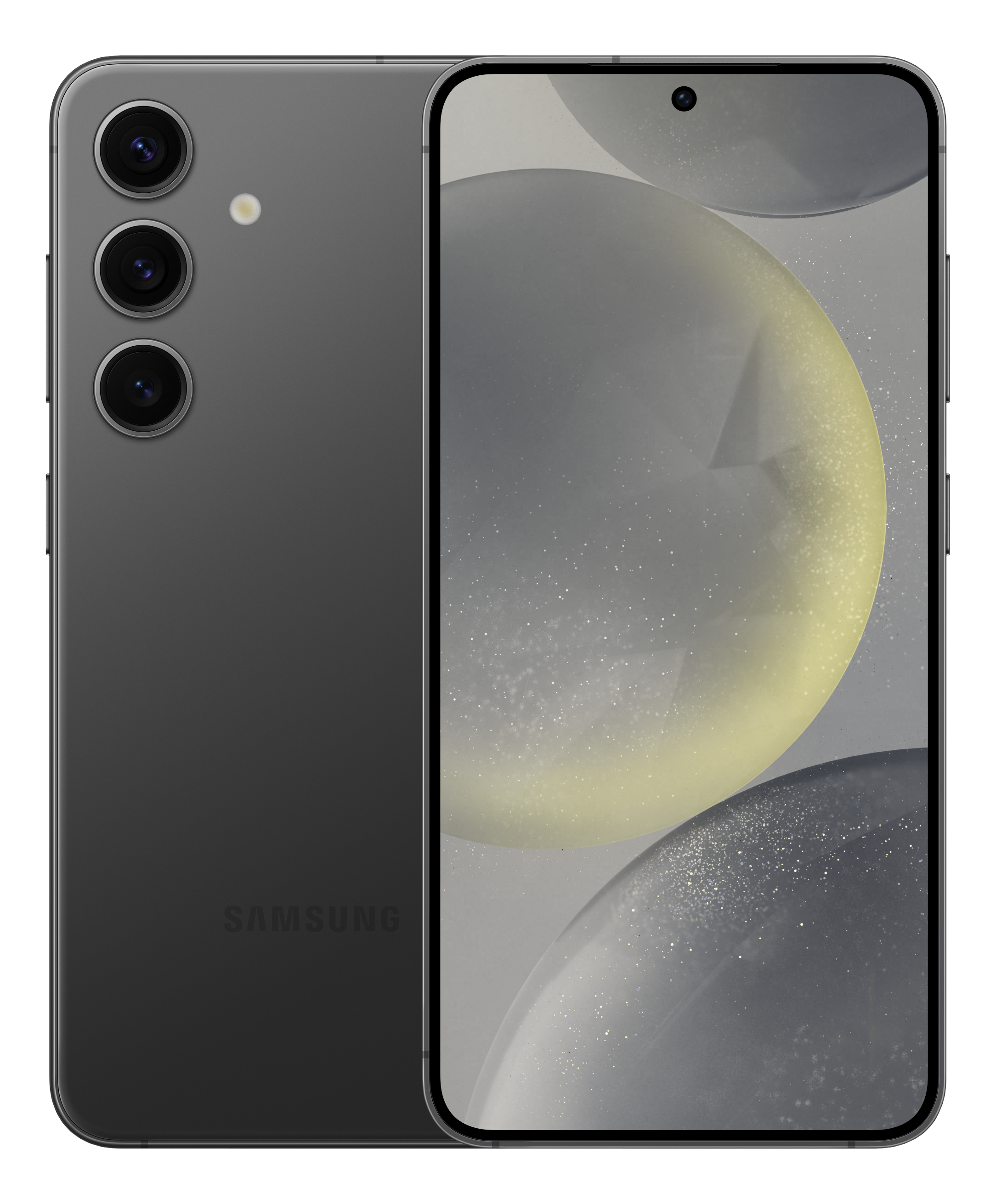 Smartphone mit drei Kameras auf der Rückseite, zeigt Bildschirm mit abstrakten Formen.