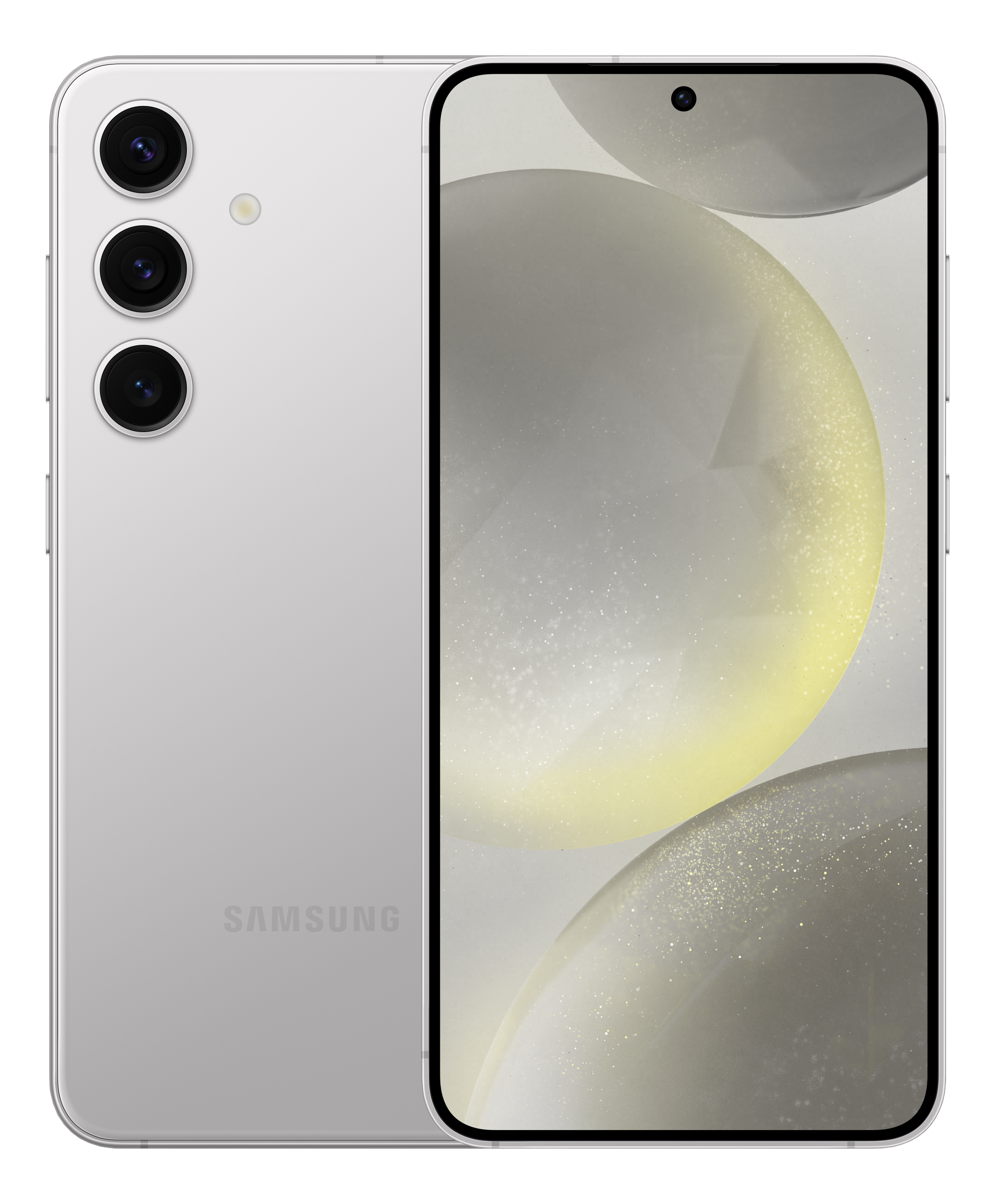 Ein weißes Samsung-Telefon mit drei Kameras. Der Hintergrund ist mit abstrakten Formen verschwommen.