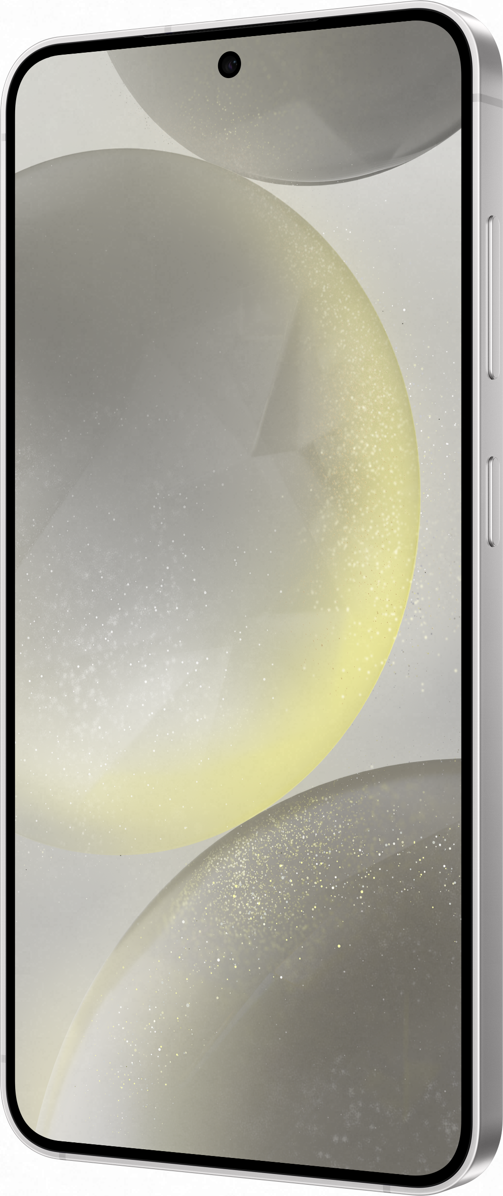 Ein weißes Smartphone mit einem Bildschirm, der graue Kugeln zeigt. Dreiviertelansicht.