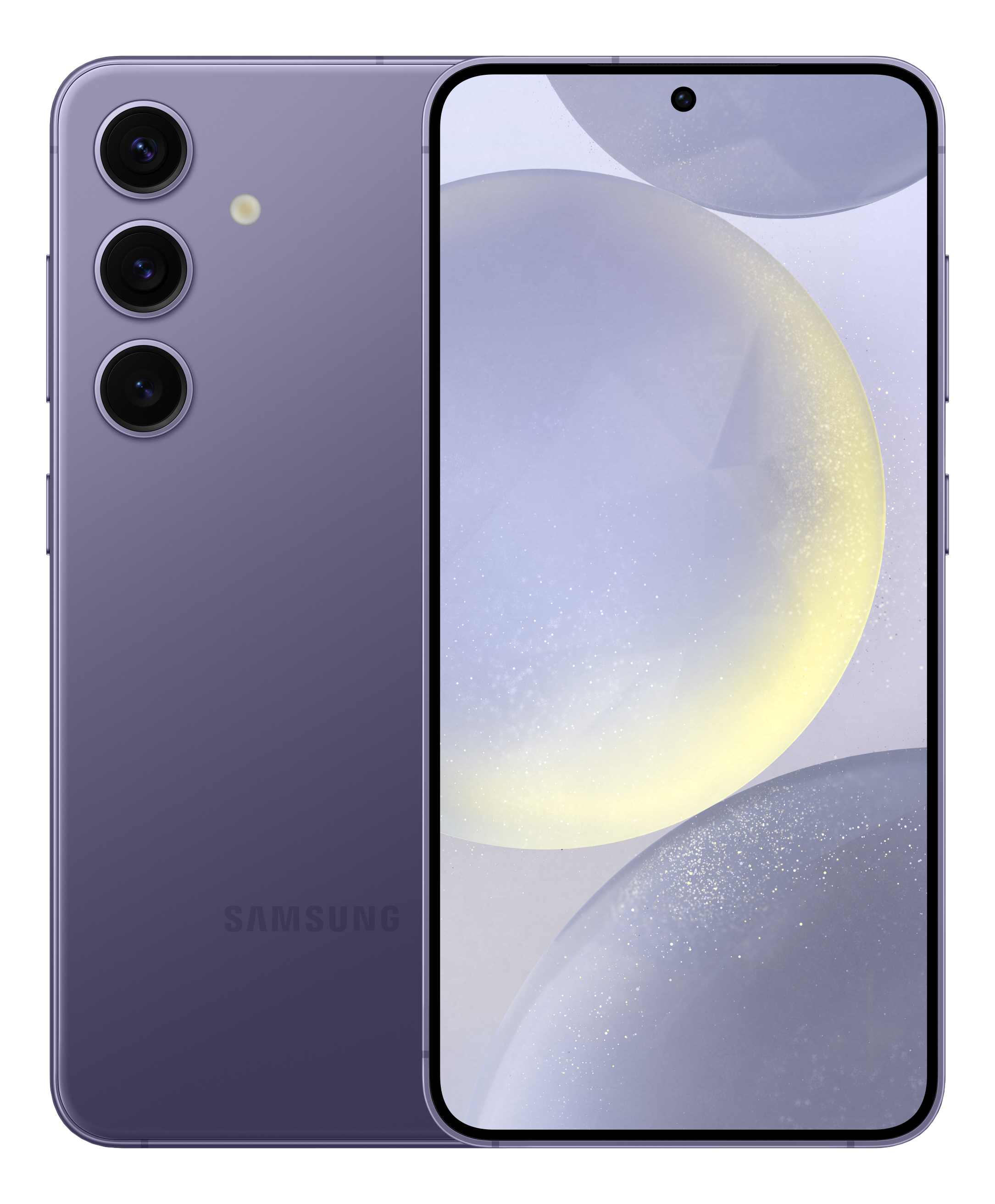 Ein lila Telefon mit drei Rückkameras und einem Bildschirm.