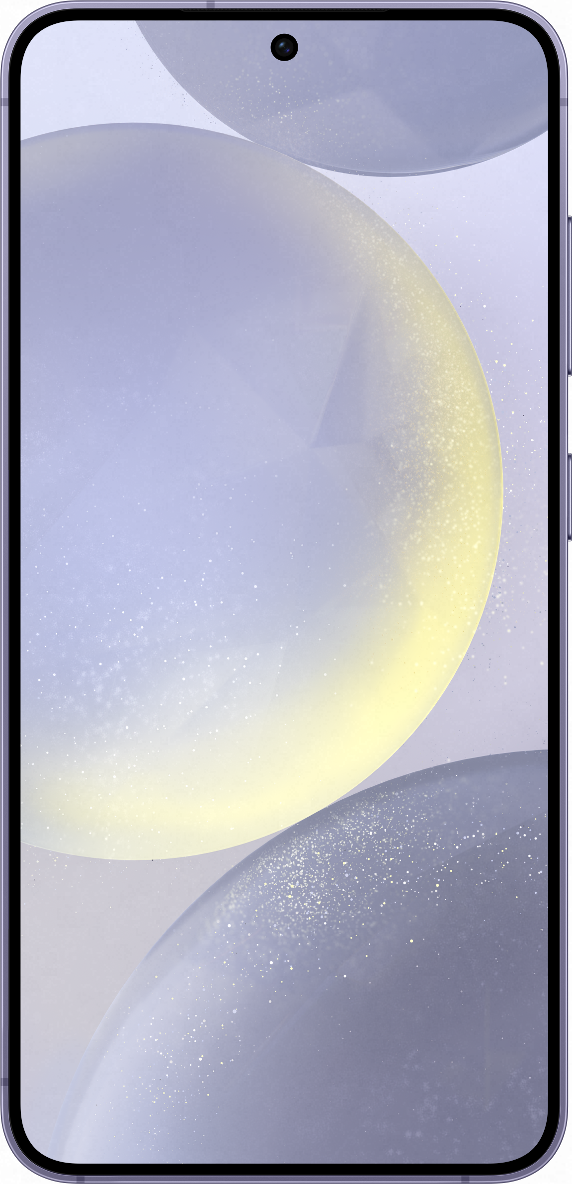 Ein lila Telefon mit einem Frontbildschirm, der abstrakte Formen zeigt. Verschwommener Hintergrund.