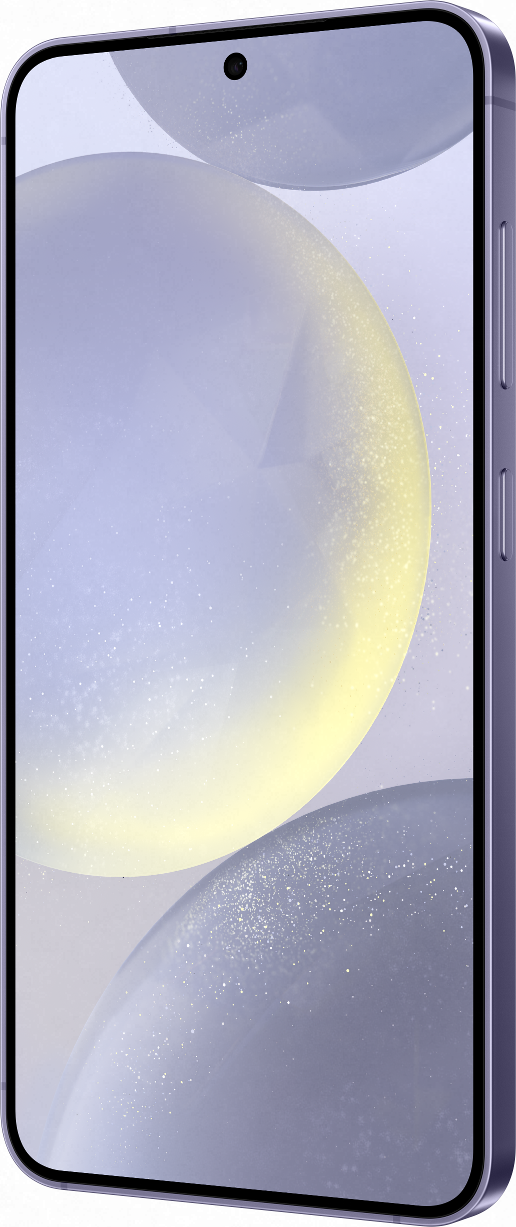 Ein lilafarbenes Smartphone mit einem Bildschirm, der verschwommene Lichtkugeln zeigt.