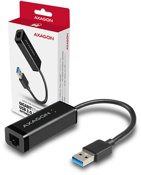 Fekete Axagon USB 3.0 Gigabit Ethernet adapter USB és Ethernet porttal.