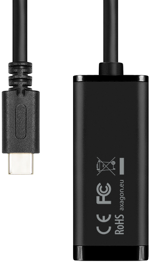 Fekete USB-C-Ethernet adapterkábel USB-C csatlakozóval az egyik, dobozzal a másik végén.