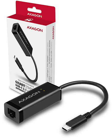 Fekete Axagon Gigabit Ethernet USB-C adapter USB-C kábellel és csomagolással, fehér háttéren.