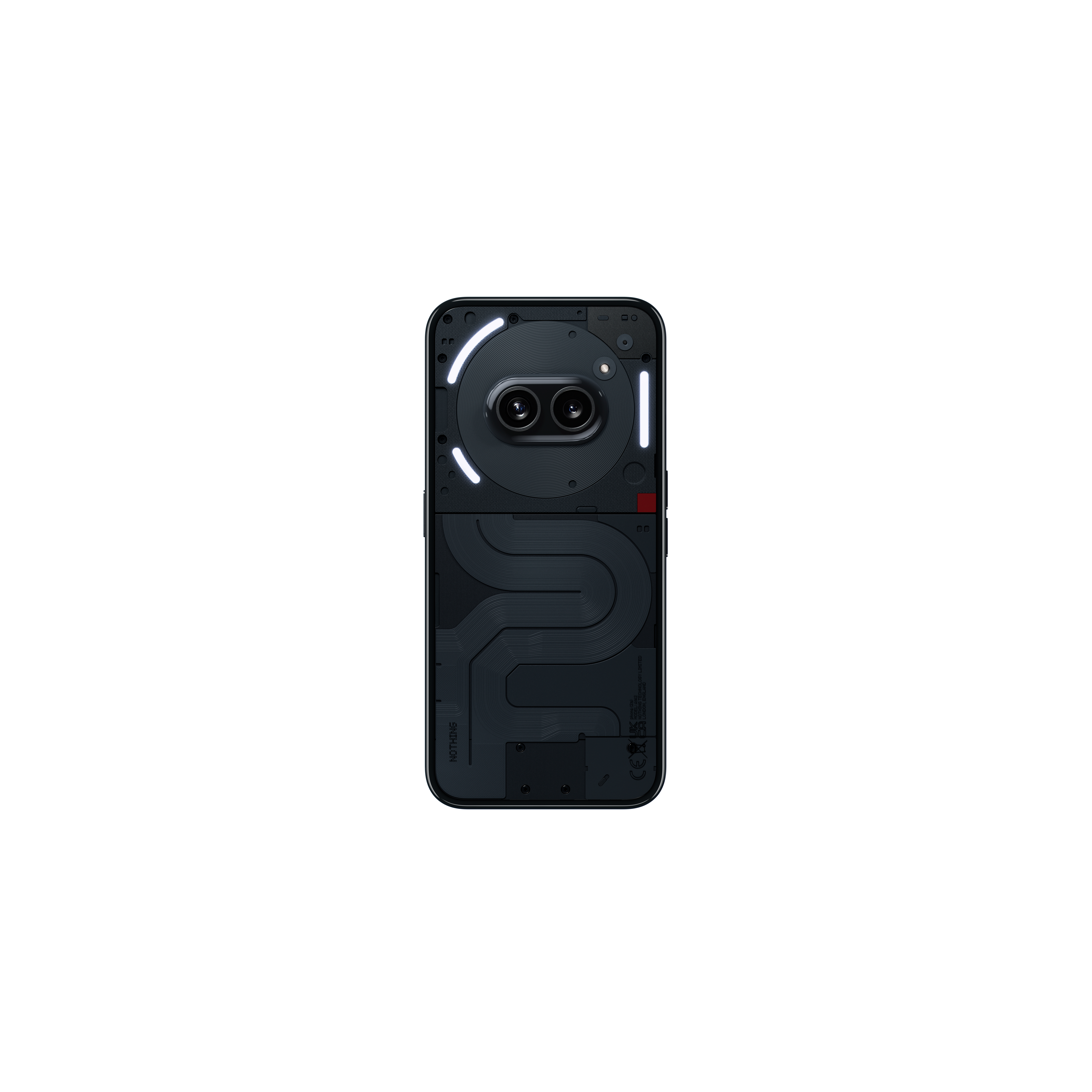 Schwarzes Telefon mit einzigartigem Design. Verfügt über eine Dual-Kamera und LED-Leuchten auf der Rückseite.
