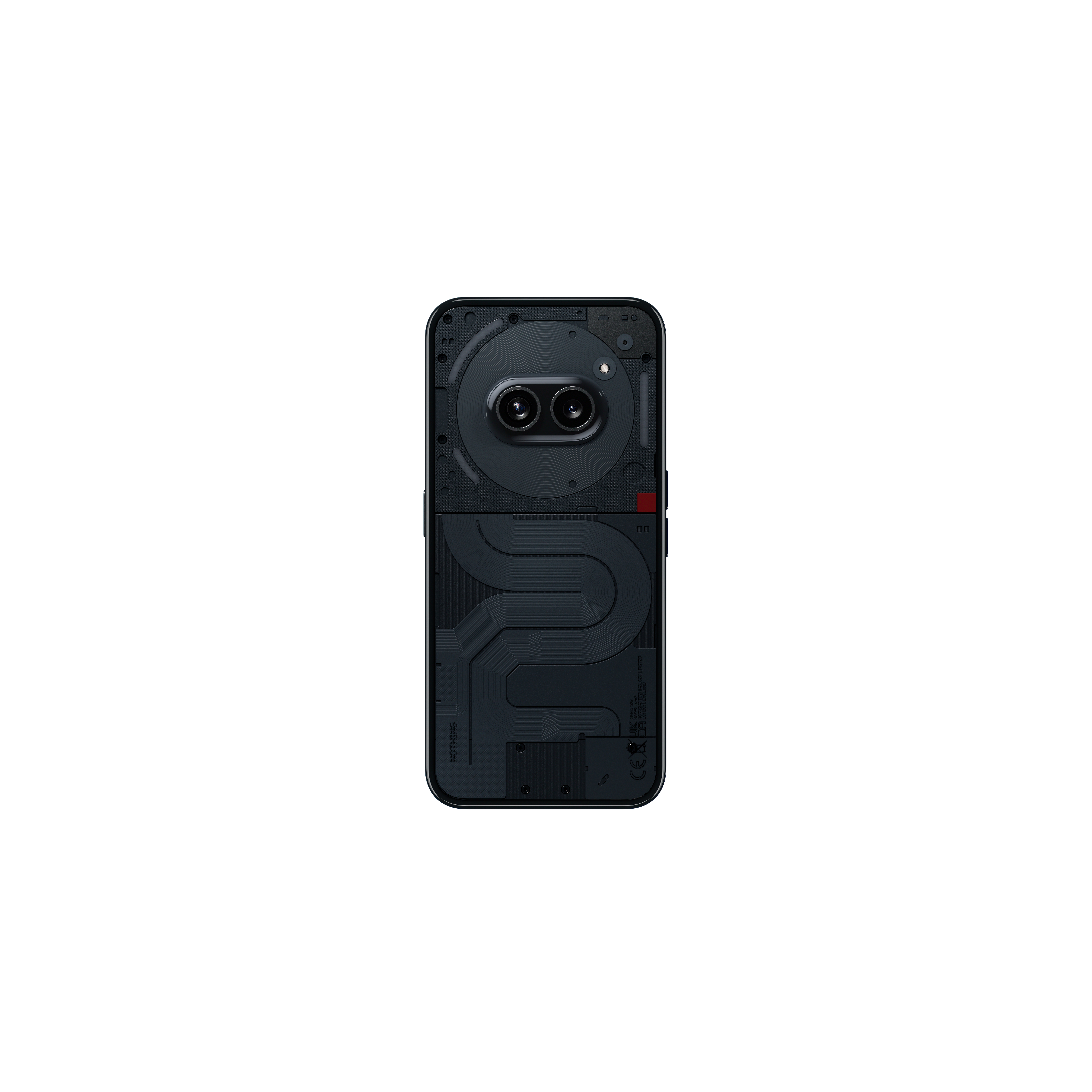 Ein schwarzes Telefon mit einzigartigem Design und einem großen, kreisförmigen Kameramodul auf der Rückseite.