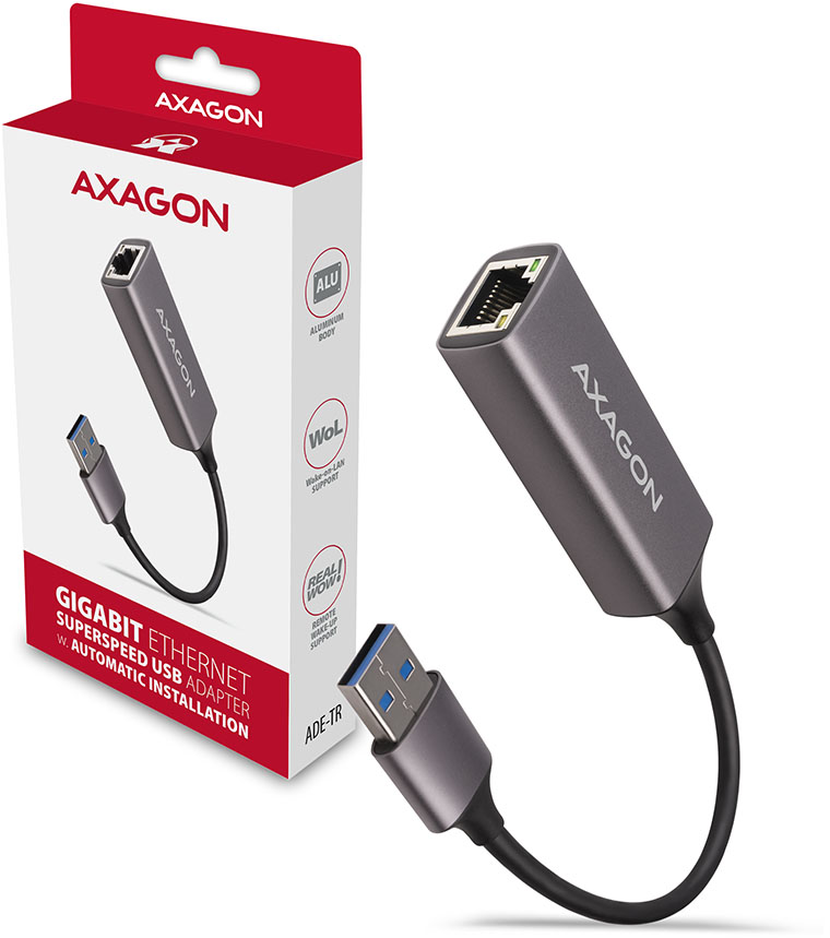Egy USB Gigabit Ethernet adapter kábellel.