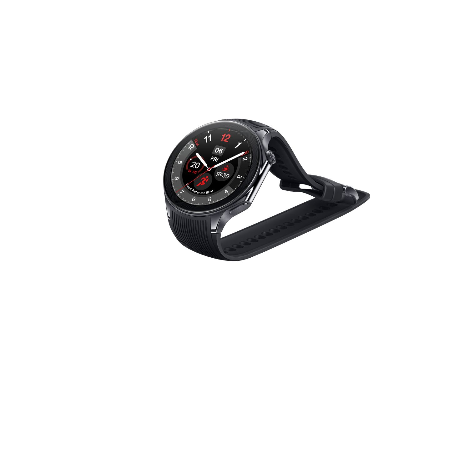 Montre connectée noire avec bracelet noir, fond blanc.