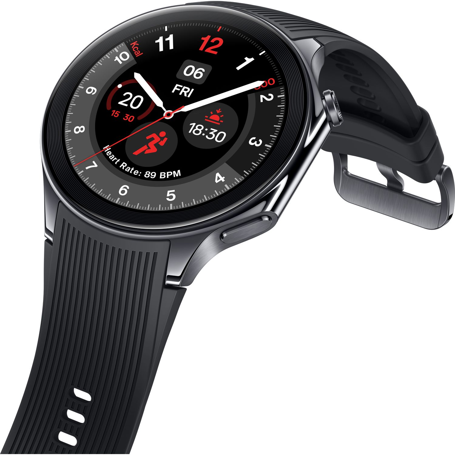 Une montre intelligente noire avec bracelet noir affichant l'heure, la fréquence cardiaque et d'autres mesures.