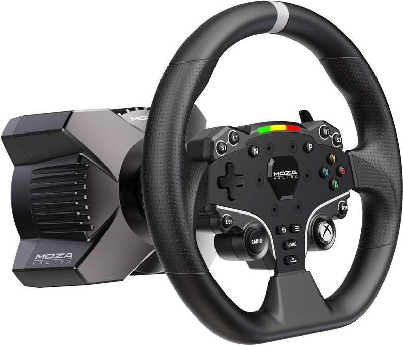 MOZA Racing Lenkrad mit schwarzem und grauem Design. Tasten und Bedienelemente sind sichtbar.