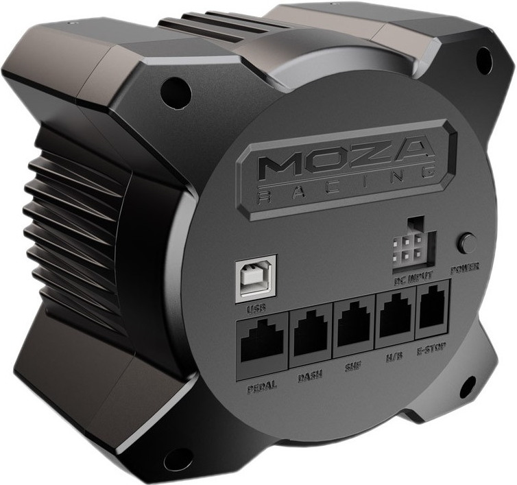 Schwarzes MOZA-Renngerät. USB-Anschluss, mehrere Anschlüsse und Netzschalter sind sichtbar.