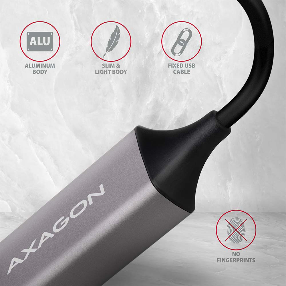 Ezüst Axagon USB-C adapter funkciókkal.