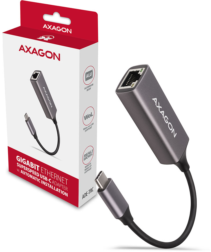USB-C-Ethernet adapter. Dobozolt, szürke adapter USB-C csatlakozóval és Ethernet porttal.