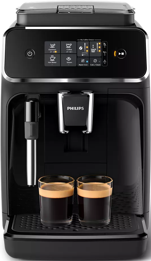 Schwarze Kaffeemaschine mit zwei Espressogläsern. Funktionen und Knöpfe sind sichtbar.