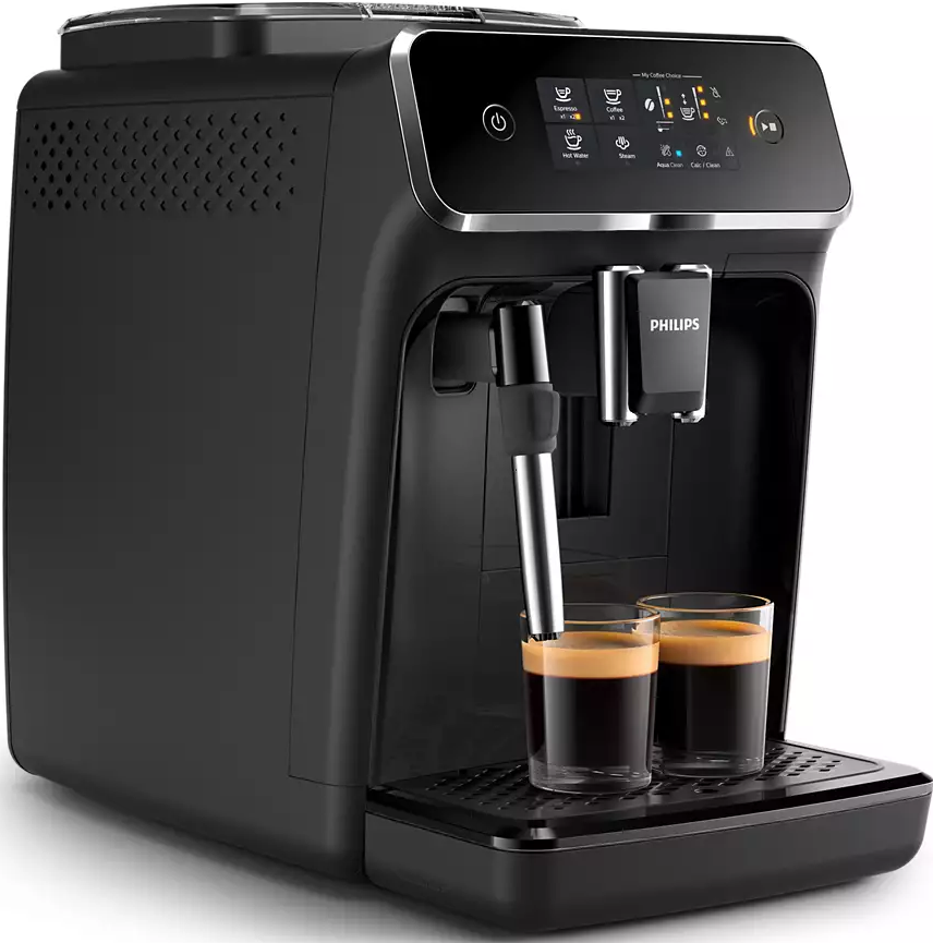 Schwarze Philips Kaffeemaschine mit zwei Kaffeegläsern auf dem Tablett.