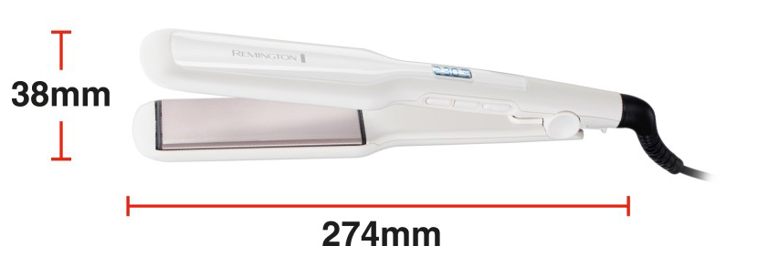 Fehér hajsimító. Méretek: 38 mm széles, 274 mm hosszú.