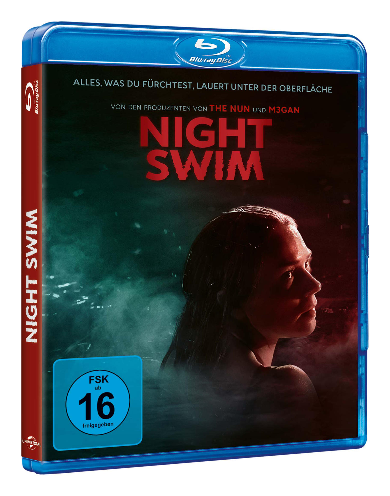 Blu-ray-Disc-Cover für den Film Night Swim, mit einer Frau im Wasser.