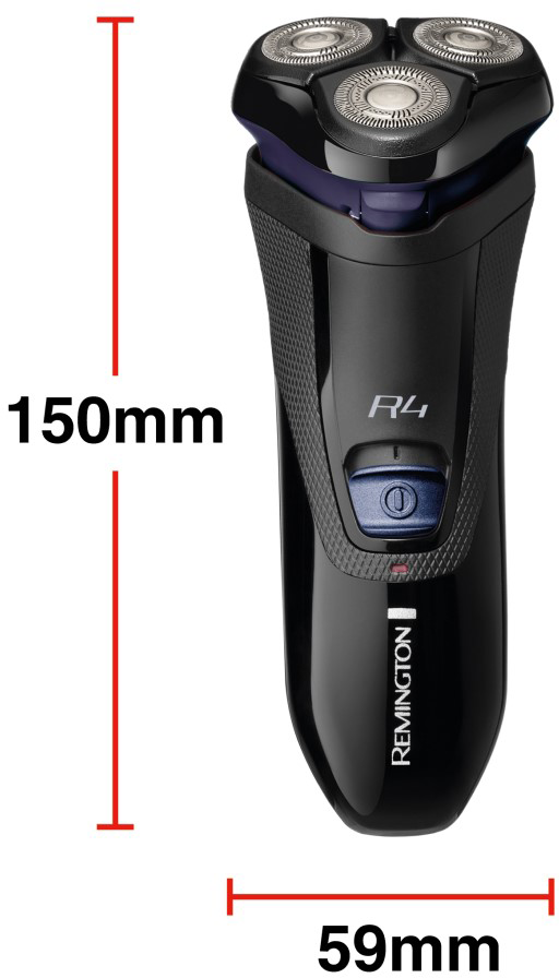 Fekete Remington R4 elektromos borotva, méretekkel, fehér háttér előtt.