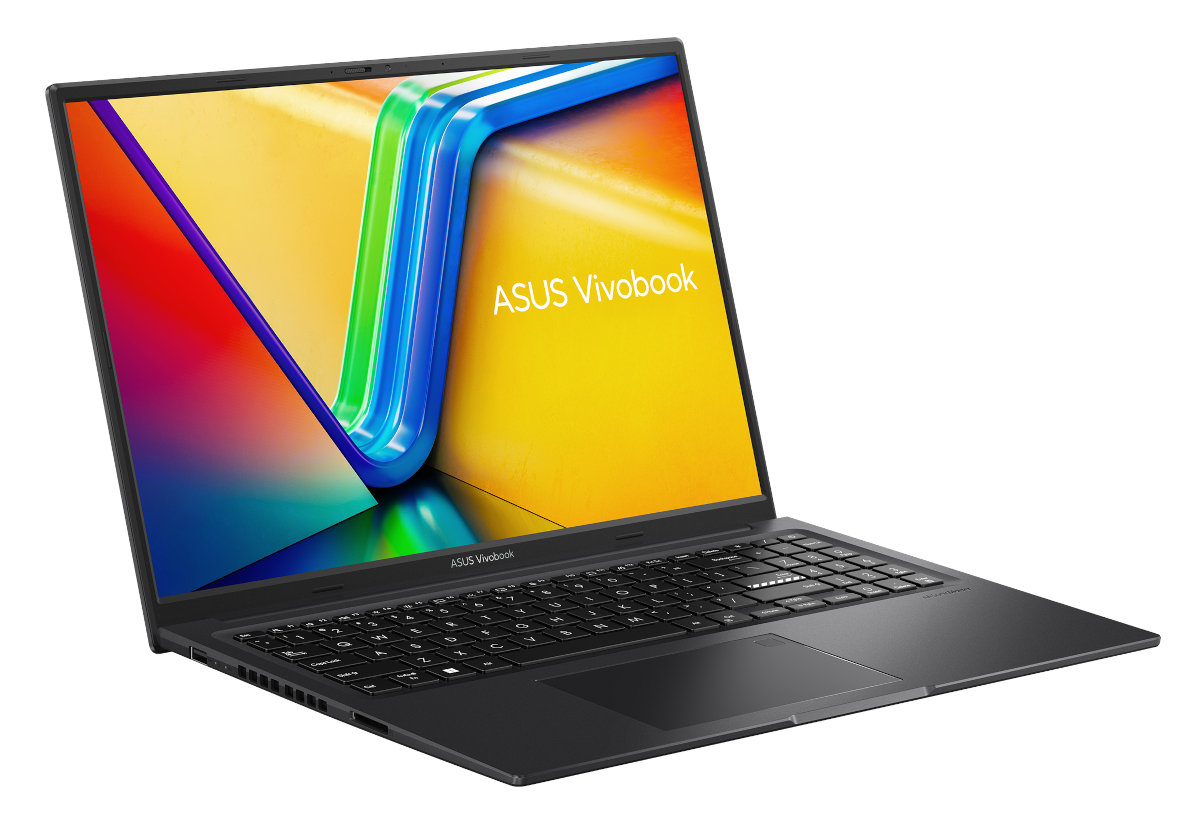 Laptop ASUS Vivobook, otwarty na stole, wyświetlający kolorowy ekran, czarna klawiatura.