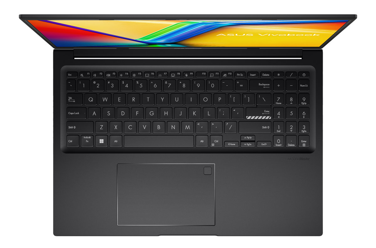 Czarny laptop, widok z góry, klawiatura, touchpad, otwarty, ekran.