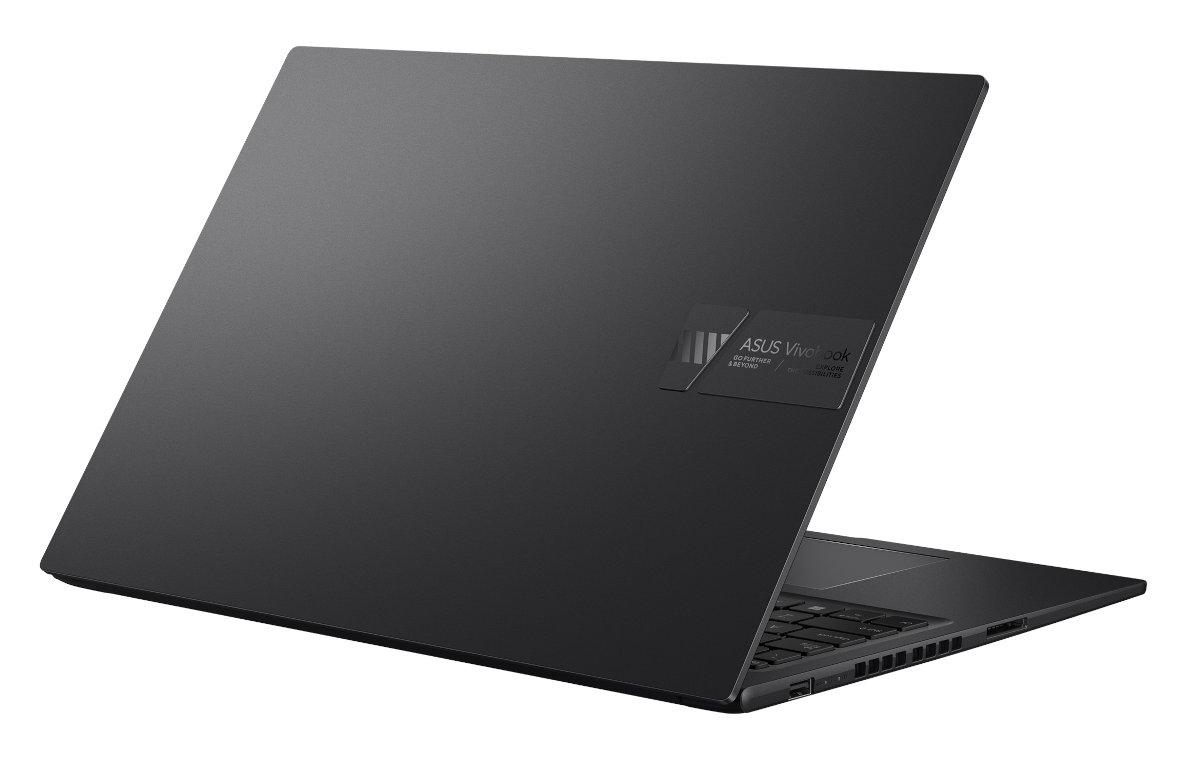 Czarny laptop, widok z tyłu z widocznym logo Asus Vivobook. Czarne tło.