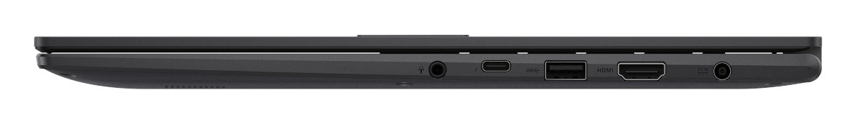 Widok z boku laptopa pokazujący porty: słuchawkowy, USB-C, USB, HDMI i kolejne gniazdo słuchawkowe.