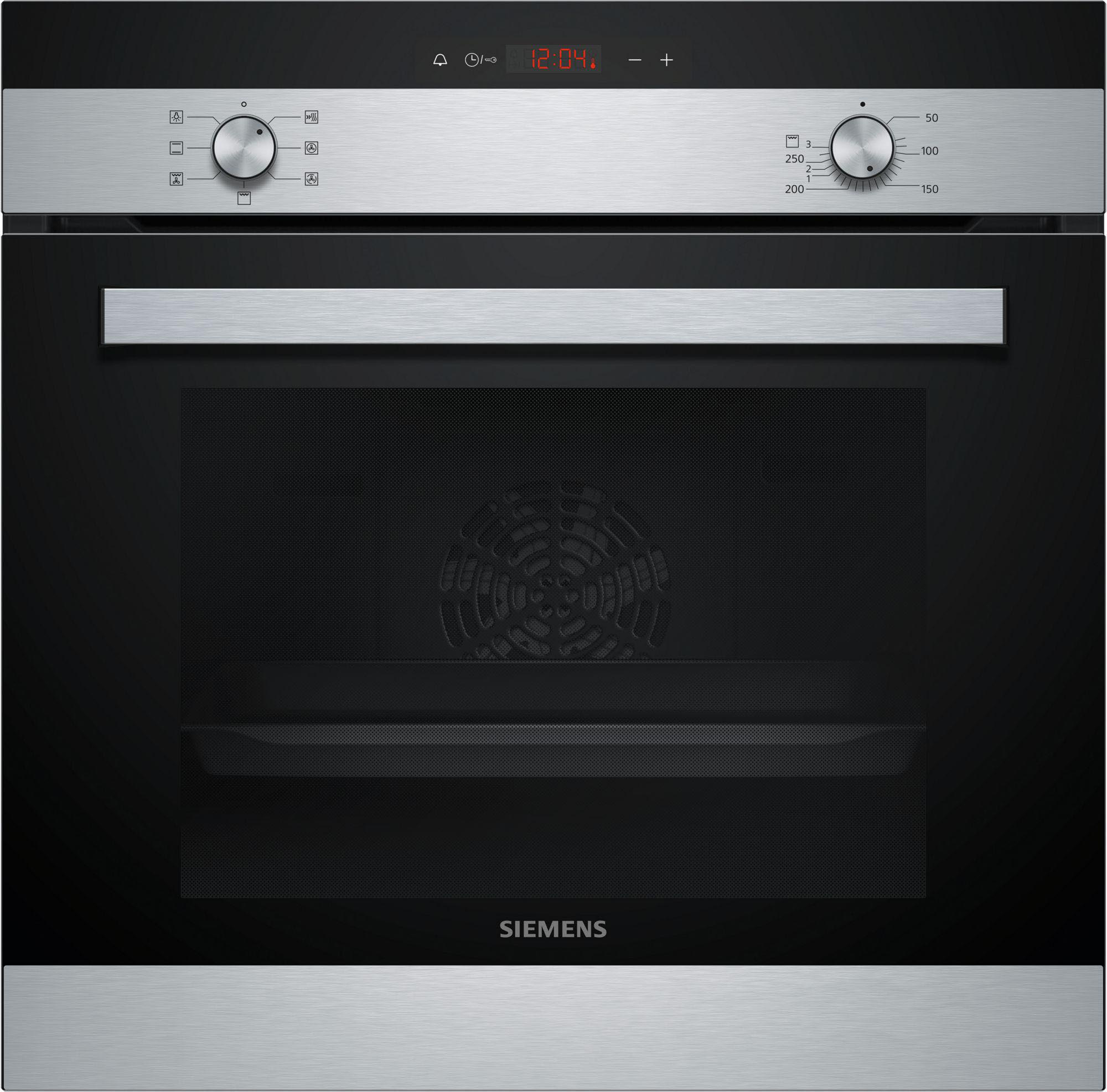 Silberner Siemens-Backofen mit Bedienknöpfen und Display oben sowie einer schwarzen Glastür.