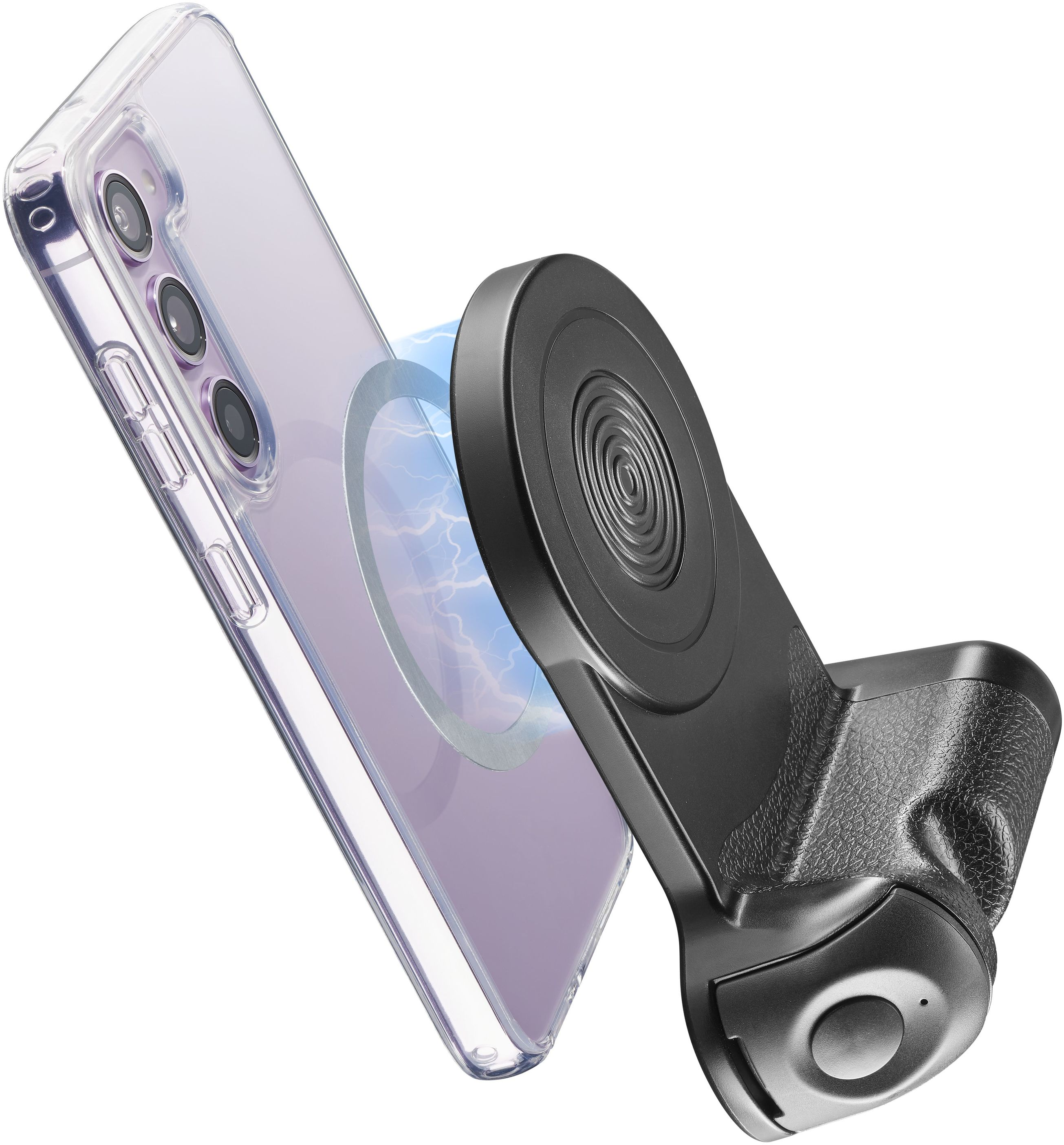 Un téléphone dans une coque transparente se charge sans fil sur un support de charge noir, montrant une lumière bleue.