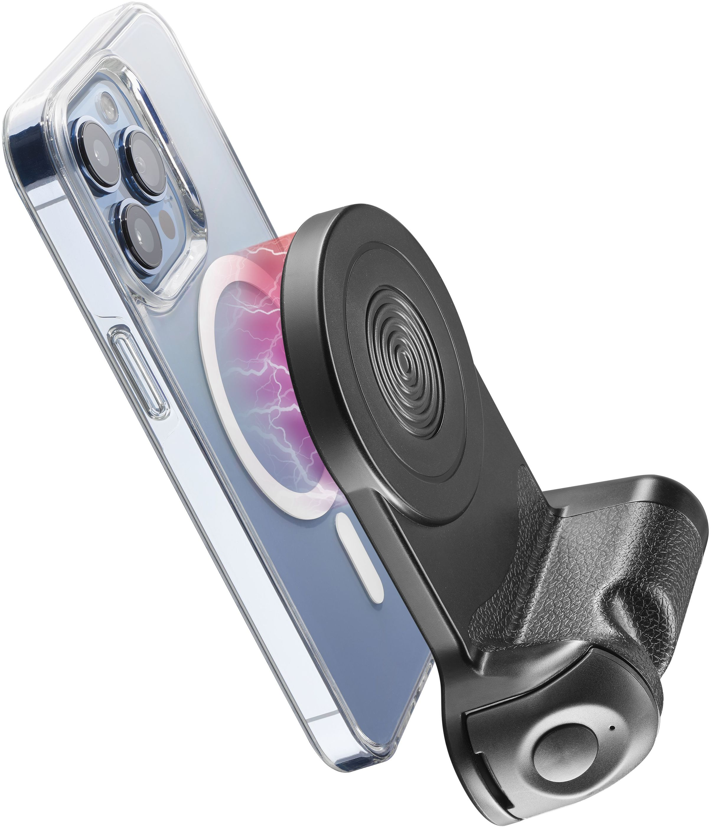 Téléphone avec étui et chargeur magnétique noir fixé.