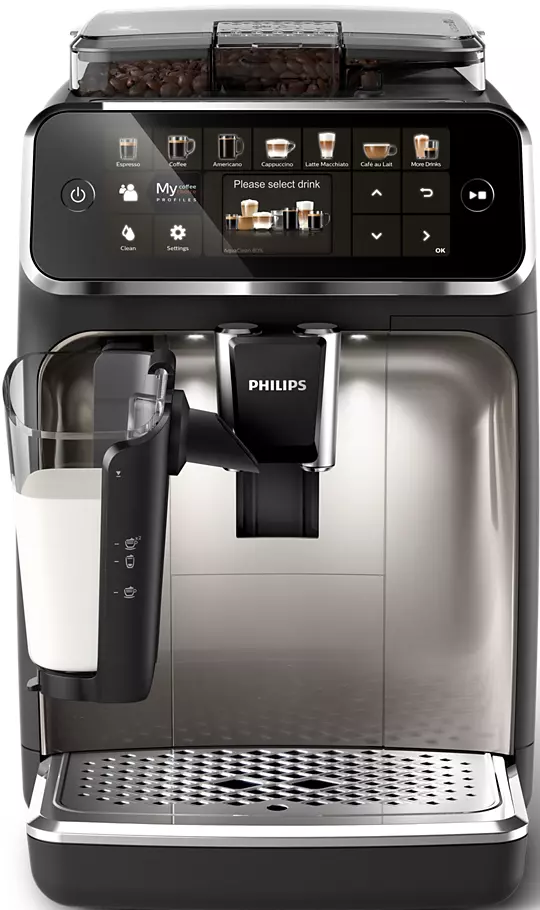 Schwarz-silberne Philips Espressomaschine mit Touchscreen und Milchaufschäumsystem.