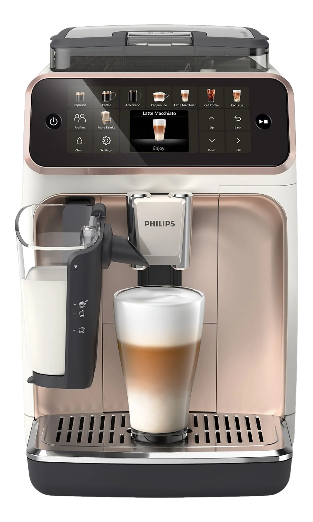 Une machine à café Philips blanche et or rose. Un verre de latte macchiato est visible.