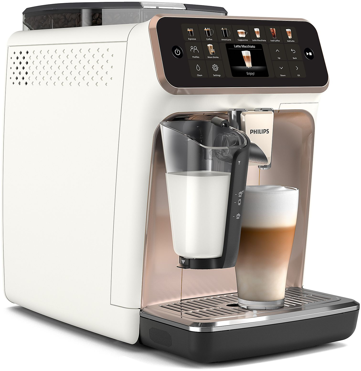 Machine à café distribuant du latte macchiato dans un verre.