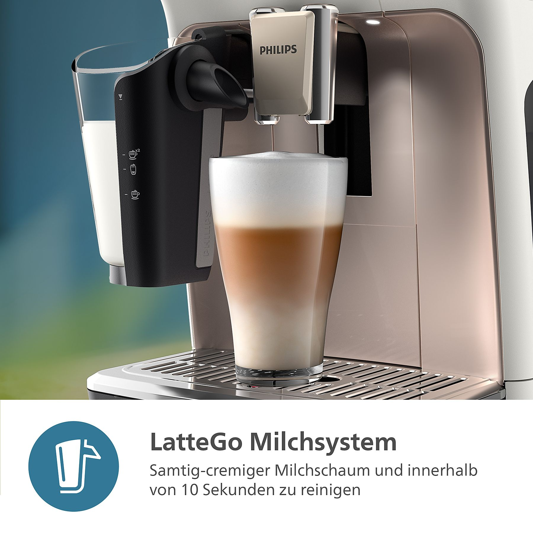 Machine à café, avec un contenant de lait et un verre de latte. Le texte dit : Système de lait LatteGo.