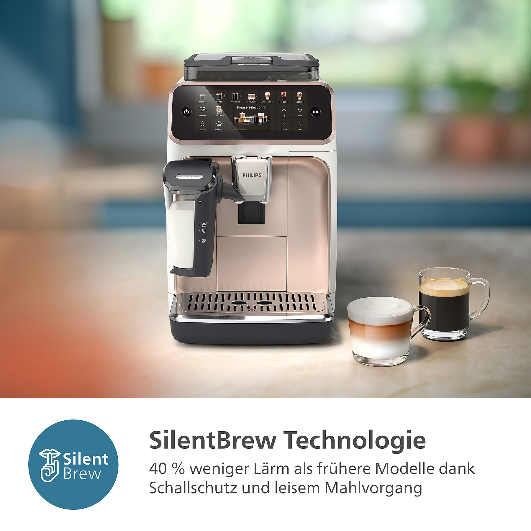 Machine à expresso avec deux tasses, une avec latte et une avec café noir.