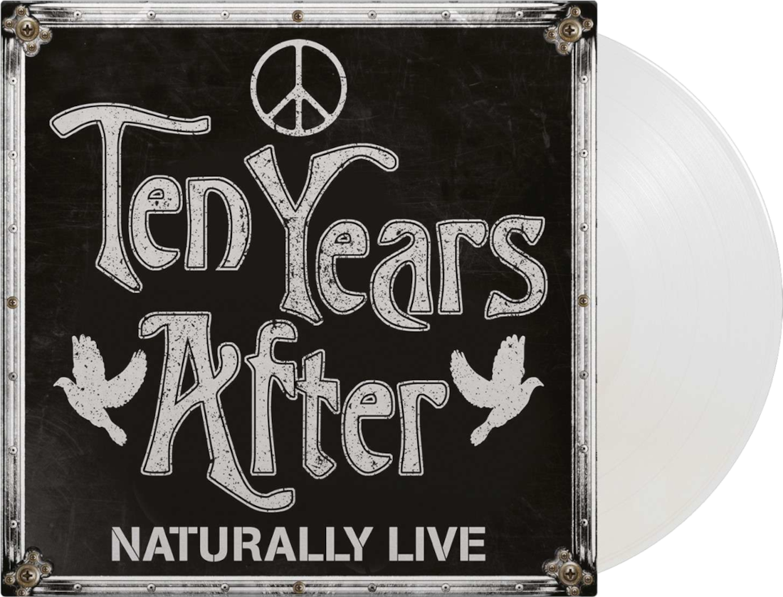 A Ten Years After 'Naturally Live' album borítója. Fekete háttér fehér szöveggel és galambokkal. Jobbra egy fehér bakelit lemez.