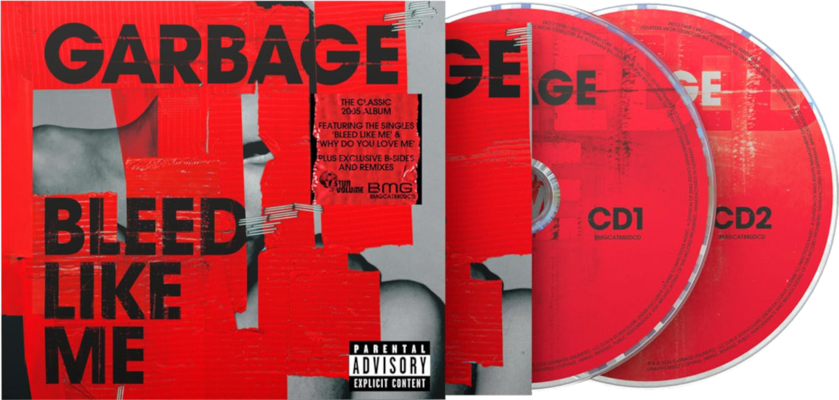 Garbage album borító piros szalaggal, szöveggel és három CD-vel. Szülői felügyelet matricája látható.