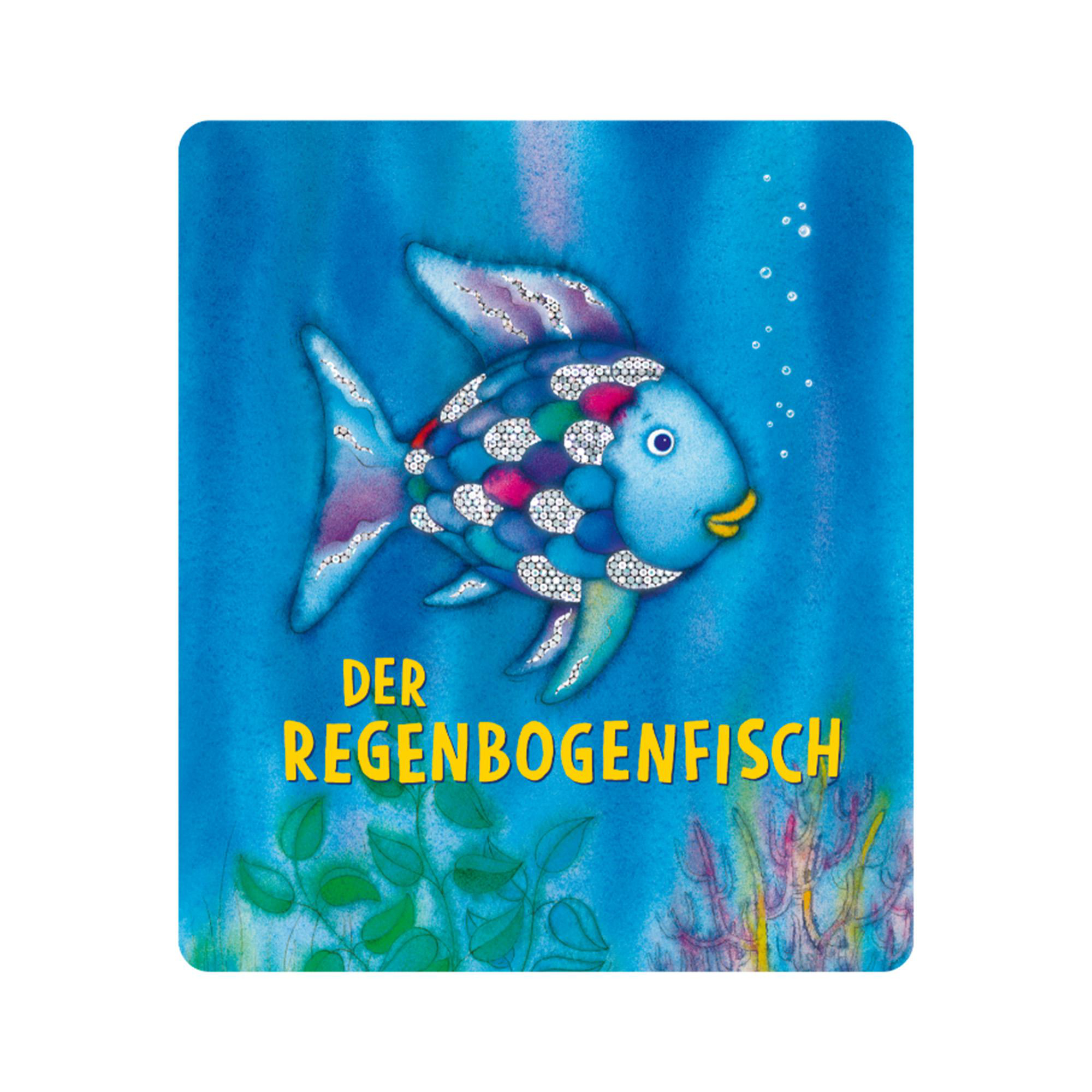 Illustration eines bunten Fisches, mit den Worten 'DER REGENBOGNFISCH' in Gelb unten.