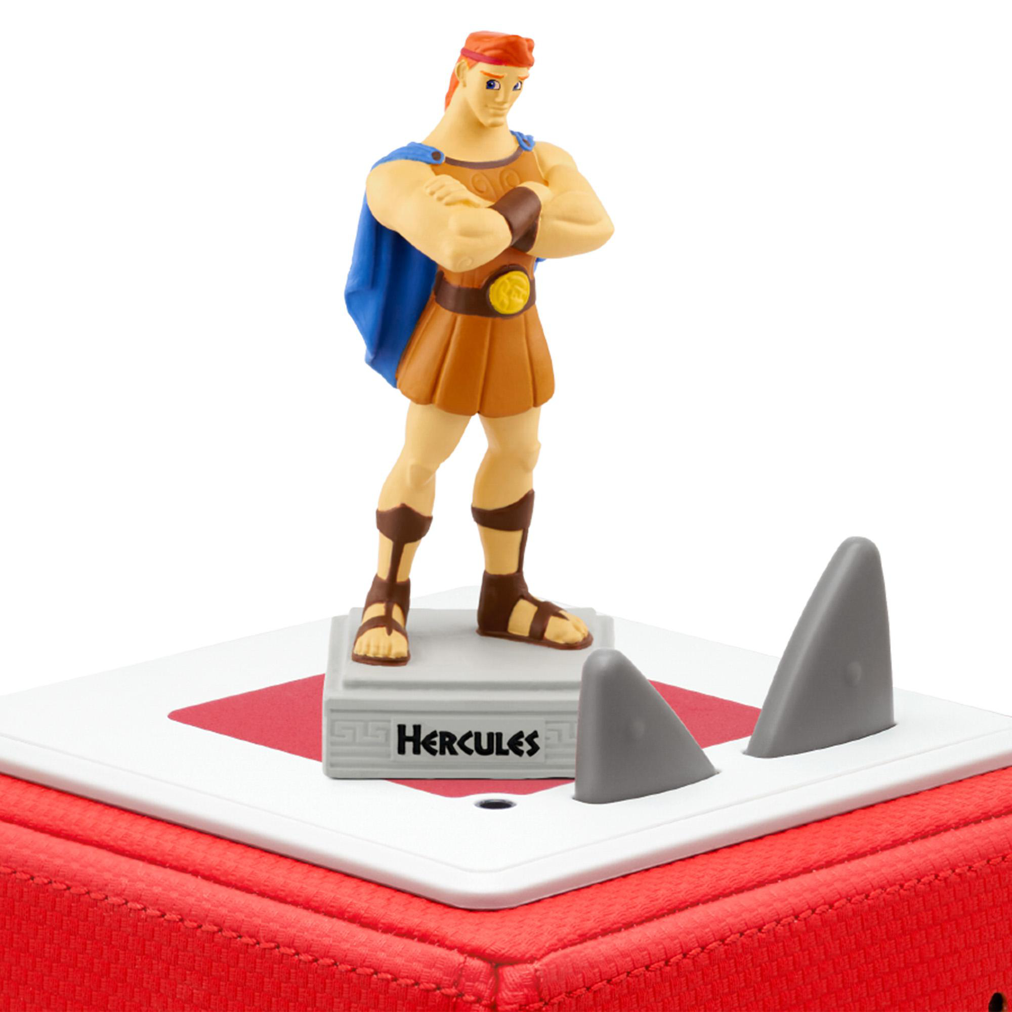 Herkulesfigur auf einem Spielbrett mit Haien, roter und weißer Hintergrund.