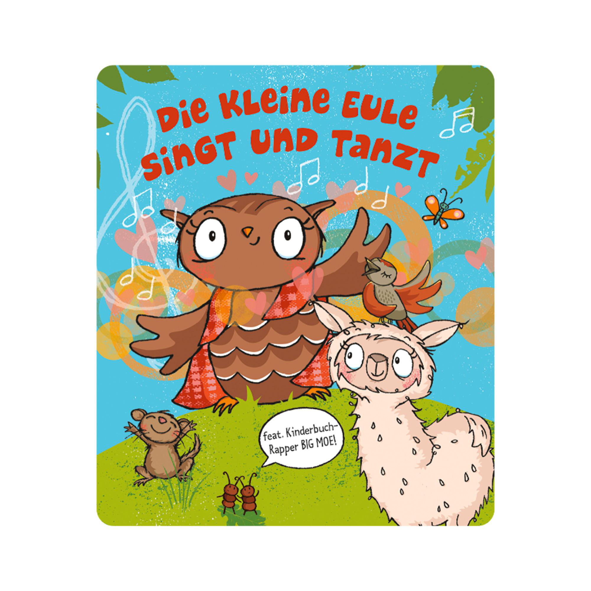 Illustration einer Eule, eines Lamas, einer Maus und eines Vogels auf blauem Hintergrund mit Noten.