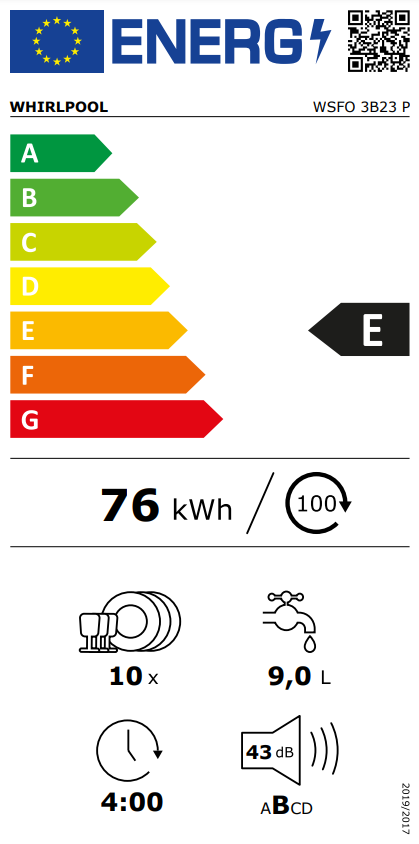 Egy Whirlpool mosogatógép energia címkéje. E energiahatékonysági osztályt és egyéb adatokat mutat.