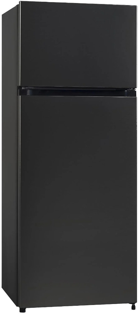 A black refrigerator with two doors. It has a freezer on the top and a refrigerator on the bottom.