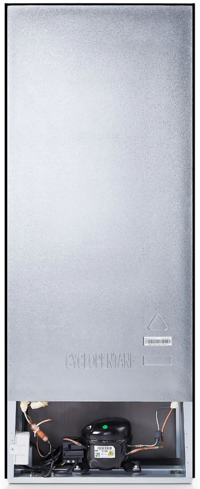 Back of a refrigerator with a silver surface. The bottom shows the compressor and associated components.