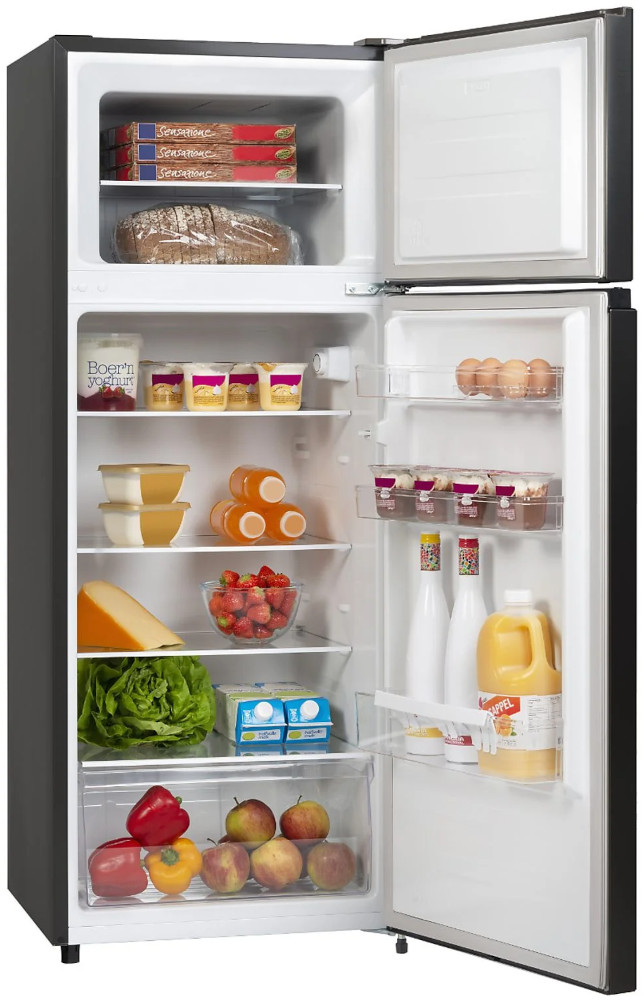 Open refrigerator with food inside. Top and bottom compartments visible.