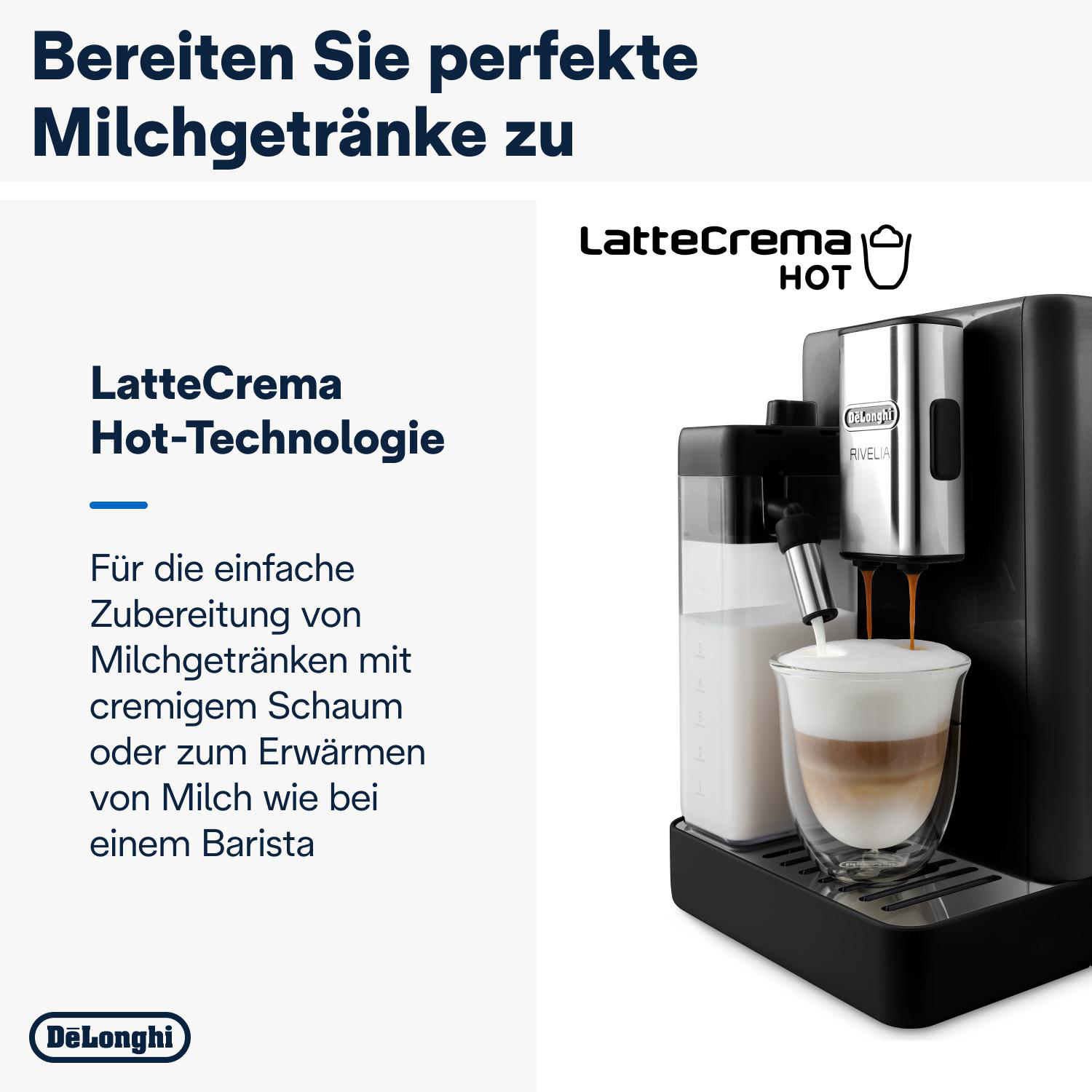 Eine schwarze Delonghi-Kaffeemaschine mit einem Glas für Latte Macchiato und Text über Milchschaum.