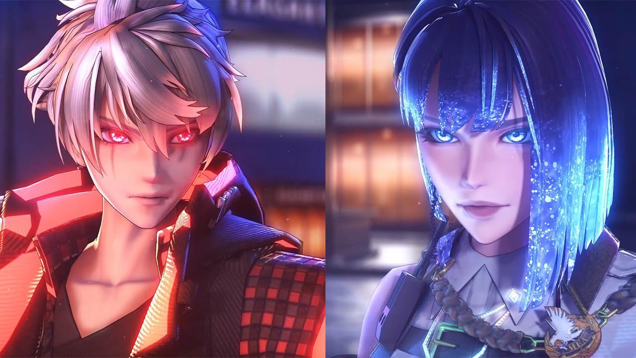 Dos retratos de personajes estilo anime, uno con iluminación roja, otro azul.