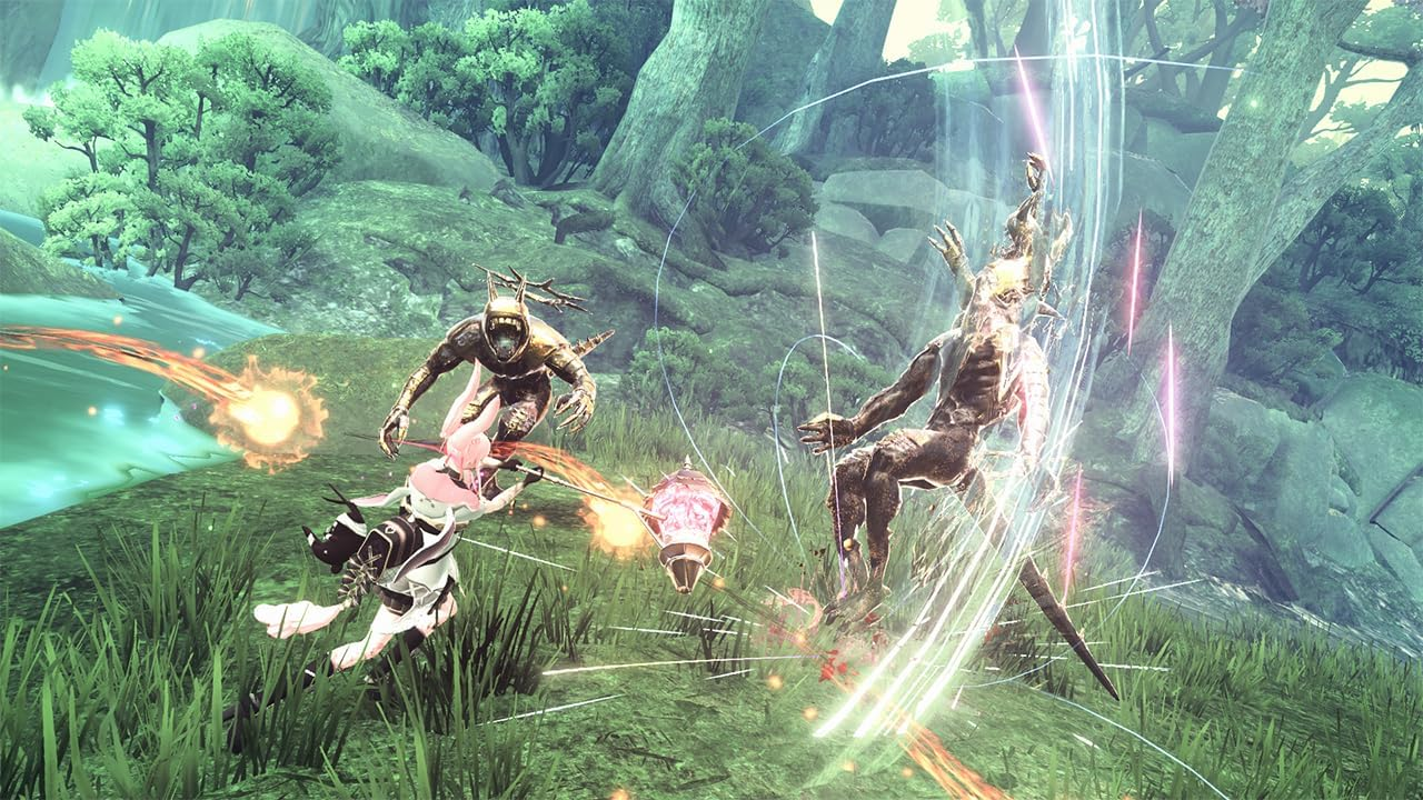 Escena de videojuego con personajes luchando en un entorno forestal.