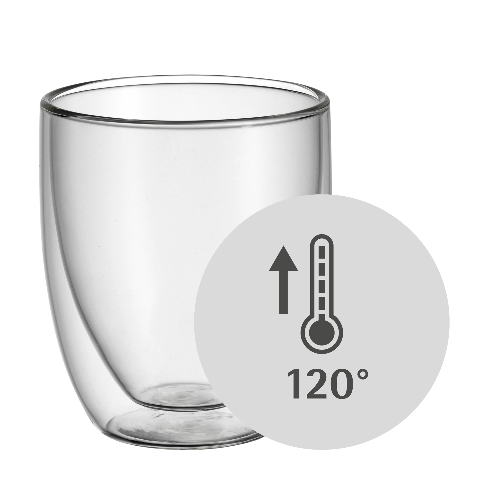 Doppelwandiger Glasbecher mit Pfeil nach oben auf Thermometergrafik, 120° anzeigend.