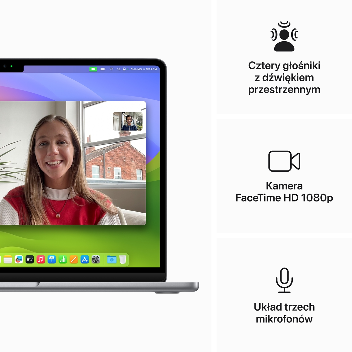 Laptop pokazujący rozmowę wideo i interfejs użytkownika. Ikony wskazują głośniki, kamerę i mikrofon.