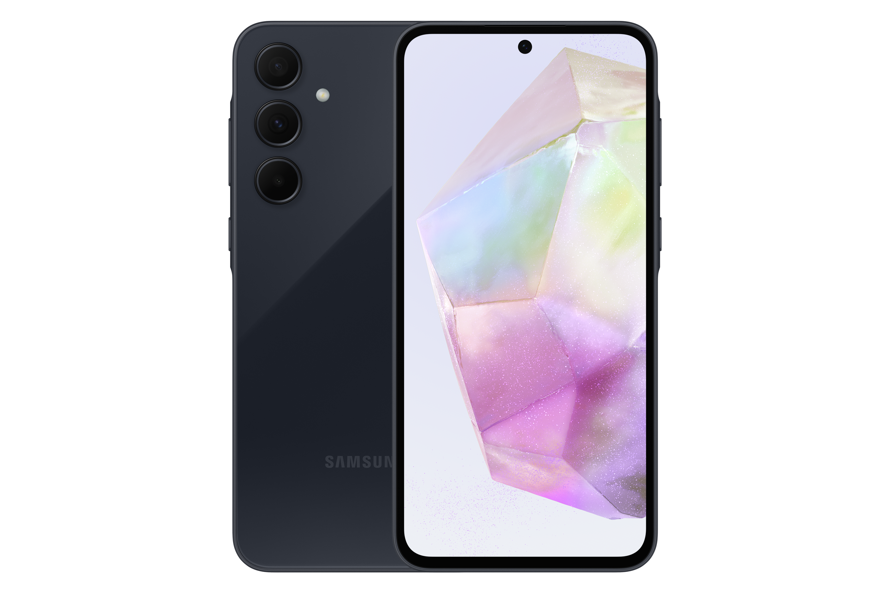 Ein Smartphone. Rückseite des Telefons, dunkelblaue Farbe. Drei Kameralinsen. Display zeigt ein Design.